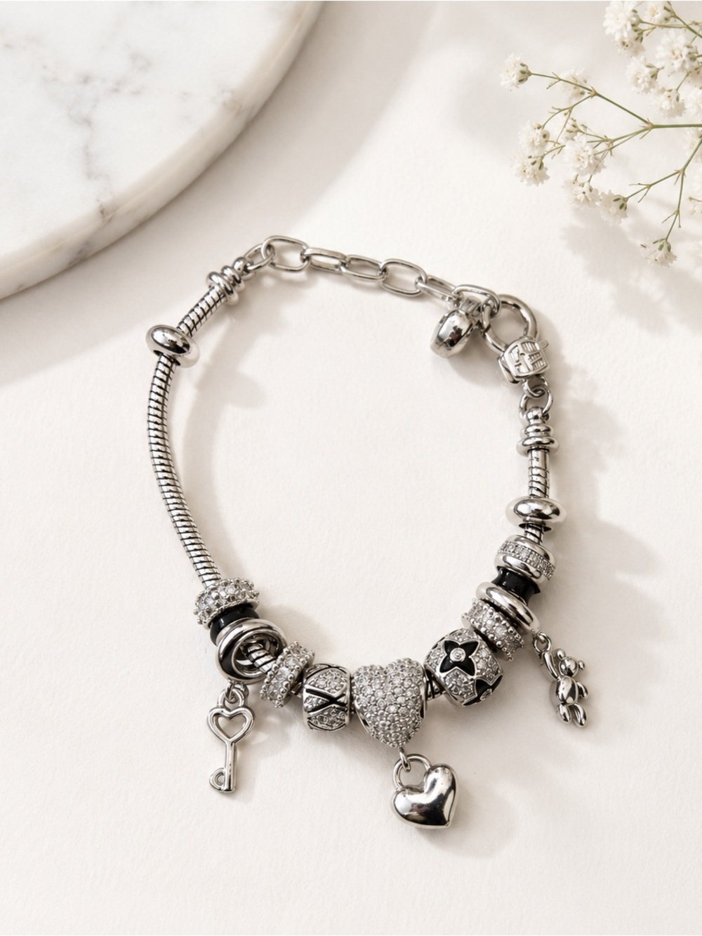 Sterling Silver Heart & Charm Bracelet - Silver